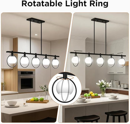ropelux Dining Room Light Fixture, 5-Light Chandelier for Kitchen Island Over Table with E12 Socket(Bulb not Included), Black Rustic Hanging Pendant Light Fixtures with Frosted White Glass Lampshade