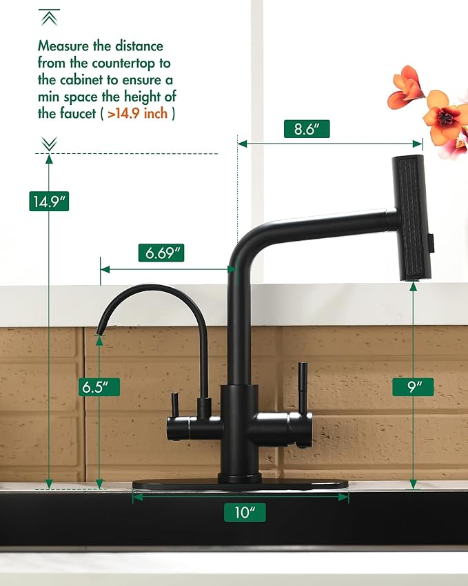 Fapully Pull-Down Kitchen Faucets, Matte Black 3 Way Kitchen Sink Faucet with Pull Down Sprayer and Drinking Water Faucet, Include Deck Plate for 1 or 3 Holes