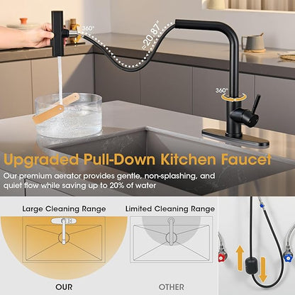 Waterfall Kitchen Faucet with Pull Down Sprayer, ARTIQUA Black Single Handle Kitchen Sink Faucet with Deck Plate Fits 1 or 3 Hole, for Bar RV Laundry Farmhouse Outdoor and Camper