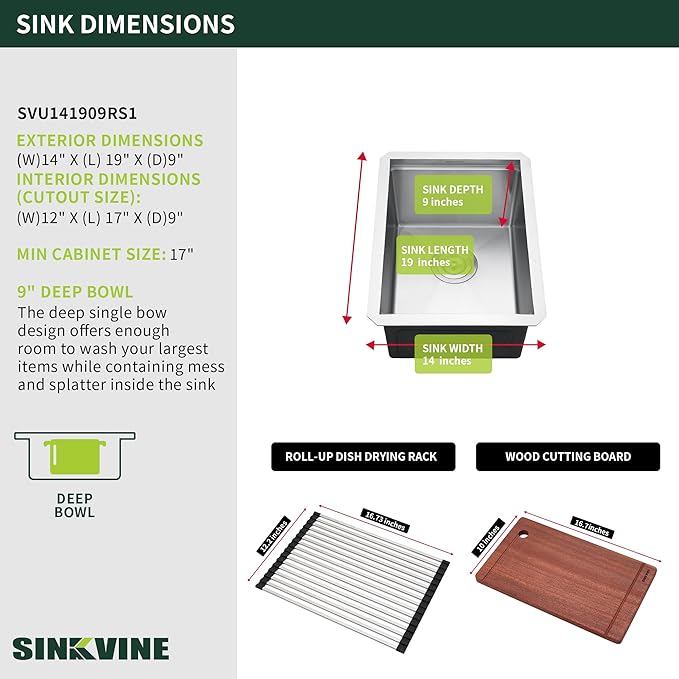 Undermount Kitchen Bar Sink 14 x 19 Inch, SINKVINE Workstation Prep Sink for Outdoor RV, Stainless Steel Single Bowl Basin with Drain Strainer, Bottom Grid, Wood Cutting Board and Roll-up Drying Unit