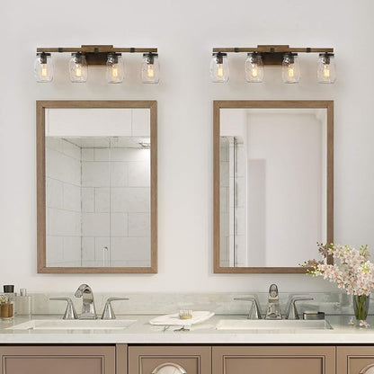 LNC Rustic Bathroom Light Fixtures Farmhouse Vanity Lighting with Mason Jar Glass, Wooden Finished, 29 inches, Brown, 4-Light , White