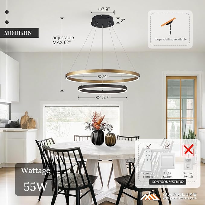 2 Ring LED Chandelier Black Gold Chandelier for Dining Room 24in Dimmable Circular Chandeliers Light Round Chandeliers for Bedroom Kitchen Entryway Living Room
