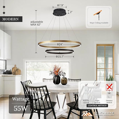 2 Ring LED Chandelier Black Gold Chandelier for Dining Room 24in Dimmable Circular Chandeliers Light Round Chandeliers for Bedroom Kitchen Entryway Living Room