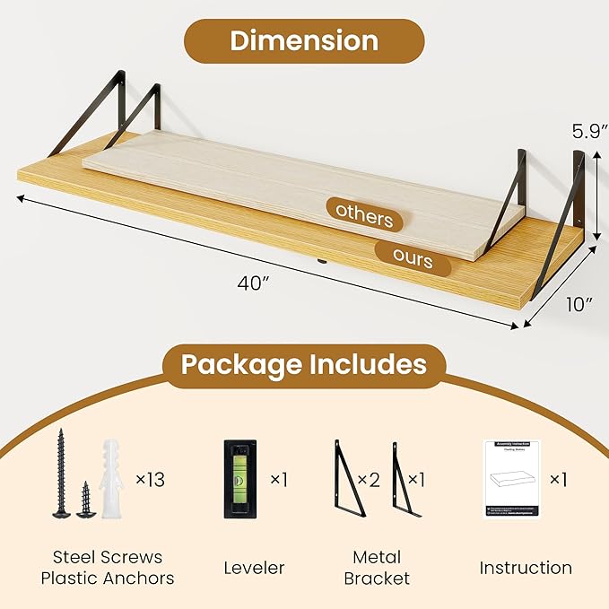 Acovy Floating Shelves for Wall,40" Wall Mounted Shelves Set of 2,Long Wood Floating Shelves,Hanging Wide Display & Storage Shelf with Metal Brackets for Bathroom,Bedroom,Kitchen,Living Room,Oak