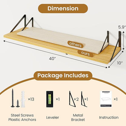 Acovy Floating Shelves for Wall,40" Wall Mounted Shelves Set of 2,Long Wood Floating Shelves,Hanging Wide Display & Storage Shelf with Metal Brackets for Bathroom,Bedroom,Kitchen,Living Room,Oak