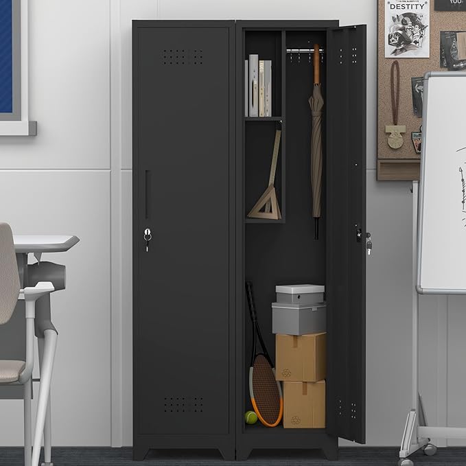 GREATMEET Broom Closet Storage Cabinet, Slim Metal Utility Cabinet, Tall Laundry Room Cabinet for Shop, Living Room, Office, Black
