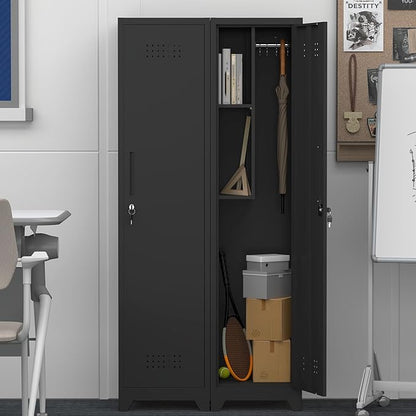 GREATMEET Broom Closet Storage Cabinet, Slim Metal Utility Cabinet, Tall Laundry Room Cabinet for Shop, Living Room, Office, Black