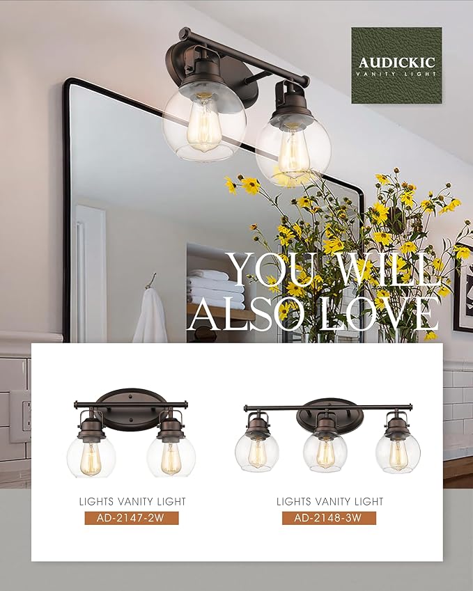 Farmhouse Vintage Bathroom Light Fixtures, 2-Light Wall Mount Lighting Sconce Over Mirror, Oil Rubbed Bronze Vanity Lights with Globe Clear Glass, AD-2147-2W