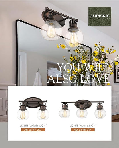 Farmhouse Vintage Bathroom Light Fixtures, 2-Light Wall Mount Lighting Sconce Over Mirror, Oil Rubbed Bronze Vanity Lights with Globe Clear Glass, AD-2147-2W