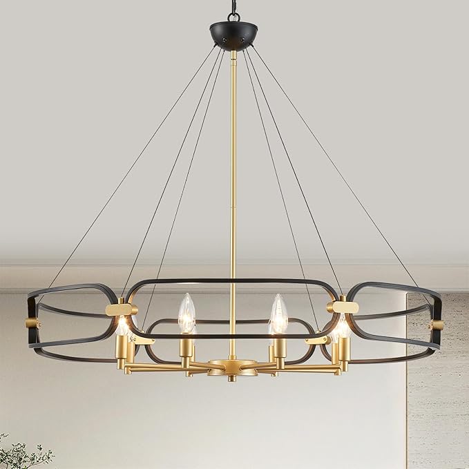 Black and Gold Chandelier, 31" Large 8-Light Industrial Chandeliers for Dining Room, Round Farmhouse Kitchen Pendant Light Fixture for Entryway, Living Room, Bedroom, Foyer