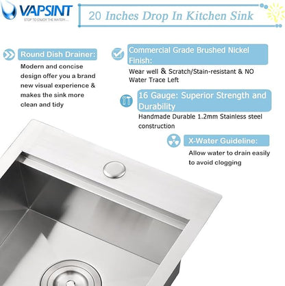 VAPSINT 15x20 Inch Drop In Bar Sink Workstation, 15x20x9 Topmount T304 Stainless Steel Small Kitchen Bar Sink, Handmade Single Bowl Basin for Laundry Wet Bar Prep RV Outdoor with Accessories
