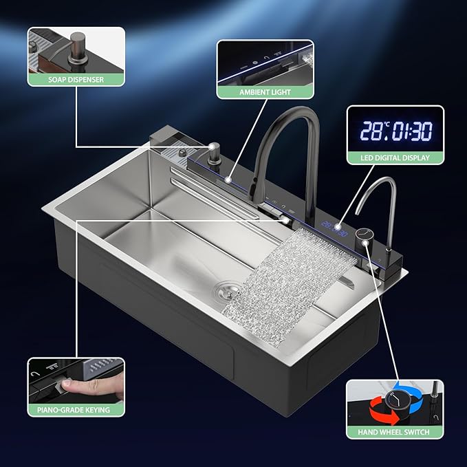 36 Inch Waterfall Kitchen Sink - Beslend 36x19 Drop In Waterfall Sink Stainless Steel Workstation Modern Smart Sinks 16 Gauge Single Bowl with Faucet Combo, Digital Display and Fancy Ambient Light BSL