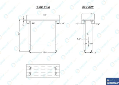 Stainless Steel Work Table Open Base | NSF Kitchen Island Food Prep | Laundry Garage Utility Bench (36" Long x 14" Deep)