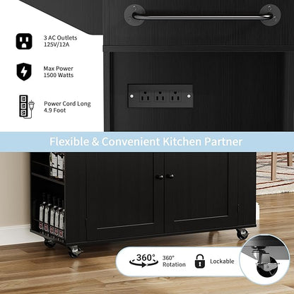 Garvee Rolling Kitchen Island Cart with Power Outlet & Drop Leaf, Kitchen Storage Cabinet On Wheels with 3 Drawers, Spice Rack & Towel Rack, Mobile Island Table for Kitchen