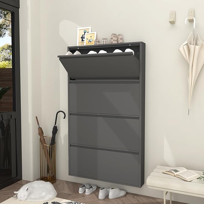 GREATMEET Black Shoe Cabinet Storage for Entryway, Narrow Shoe Cabinet for Entryway Slim, Wall Mounted Metal Hidden Shoe Organizer with 4 Flip Drawers