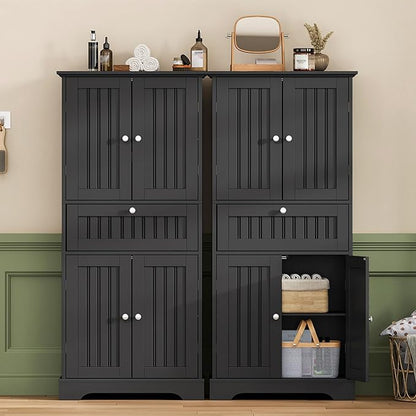 ChooChoo 51" H Tall Bathroom Floor Cabinet, Modern Bathroom Storage Cabinet with Drawer and Adjustable Shelves, Freestanding Kitchen Pantry Cupboard with 4 Doors for Living Room, Black