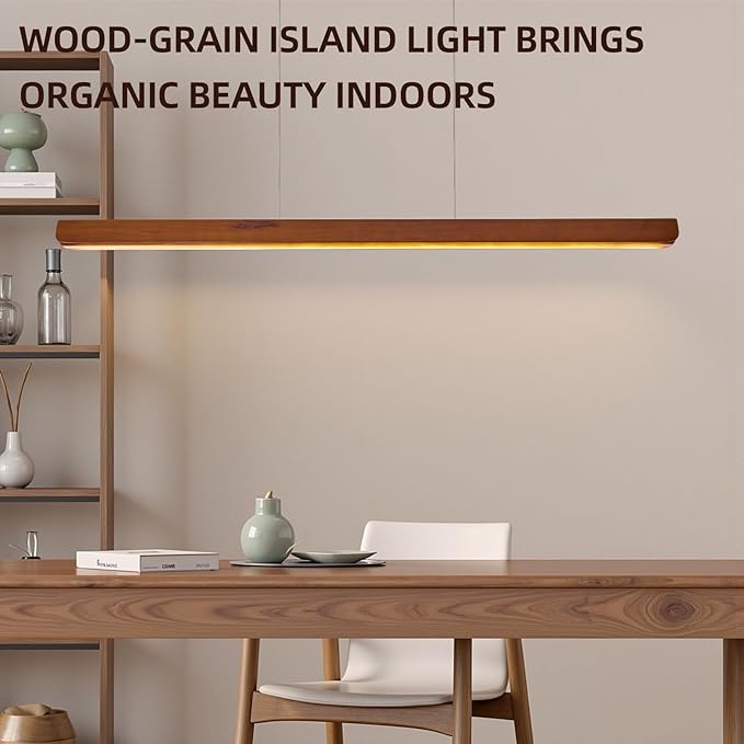 Wood Linear Pendant Light,47'' Dimmable Kitchen Island Lighting with Remote,28W LED Island Lights for Kitchen, Adjustable Linear Chandelier for Dinning Light Fixture,Pool Table Light Wood