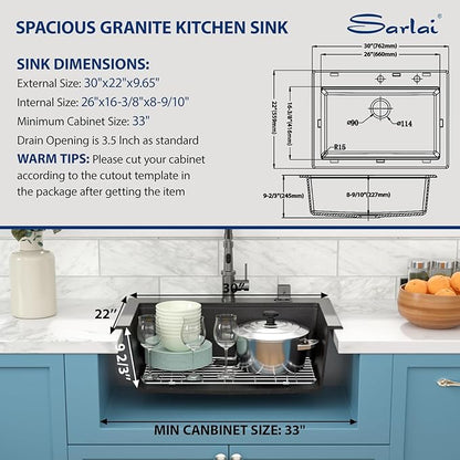 Sarlai Granite Composite Kitchen Sink - 30"x22" Drop In Kitchen Sink Matte Black Ledge 30 Inch Workstation Granite Quartz Composite Top-Mount Single Bowl Sinks Basin with Accessories