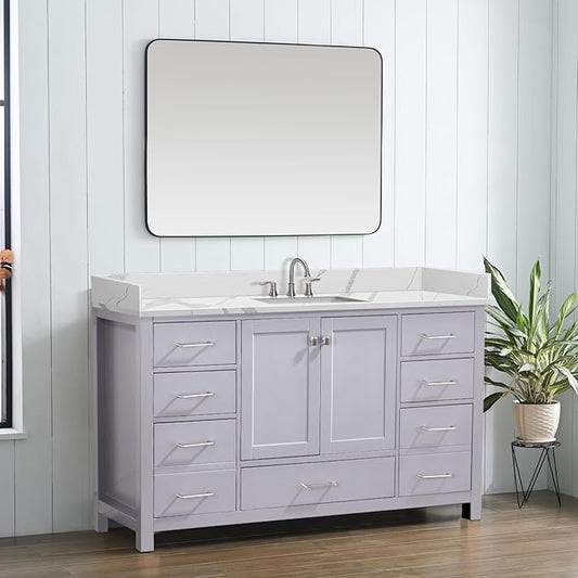 60 in.W x 22 in.D Quartz Calacatta River Vanity Top,with Undermount Middle Sink Vanity Top,with Two Sidesplash & One Backsplash,8 Inch Faucet Hole Spread Bathroom Vanity Sink Countertop