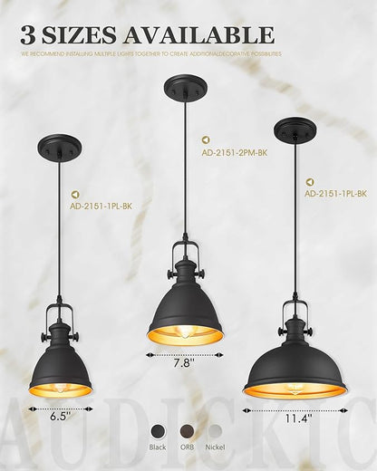 Black Pendant Lights Kitchen Island, 8" Farmhouse Hanging Lights Fixtures with Metal Shade, Rustic Kitchen Pendant Lighting Over Island for Dining Room, AD-2151-1PM-BK