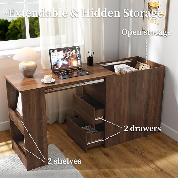 JOYSOURCE Counter Height Bar Table for 2, Extendable Kitchen Island with Drawers & Shelves for Kitchen, Living Room, Walnut