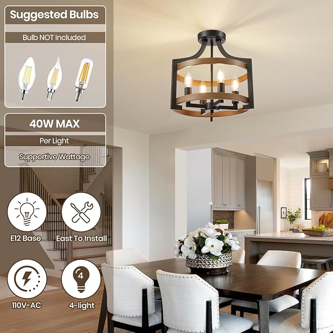 HOXIYA Farmhouse Chandelier, Convertible Semi Flush Mount Ceiling Light, 4 Light Modern Hanging Pendant Lighting, Black and Faux Wood Pendant Light Fixture for Dining Room Kitchen Hallway Bedroom
