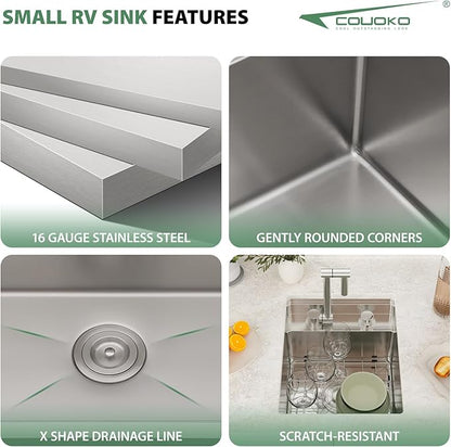 15x18 Inch Outdoor Sink Undermount RV Sink Workstation 16 Gauge Stainless Steel Single Bowl Handmade Concealed Outdoor Kitchen Sinks With Folding Faucet 15"x18"x9"