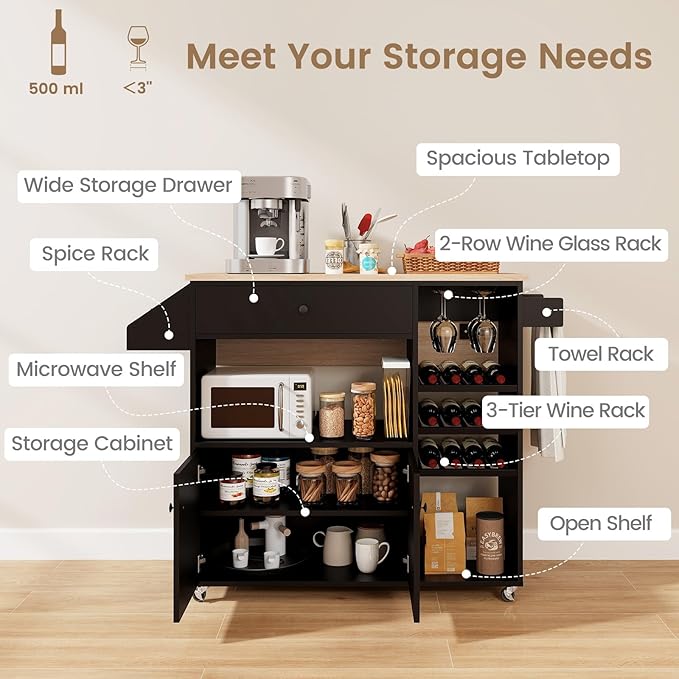 Giantex Rolling Kitchen Island Cart with Drop Leaf, Power Outlet, Spice Rack, 12 Wine Rack, Glass Holder, Drawer, Storage Cabinet, Towel Rack, Island Table for Breakfast Coffee Bar (Black & Natural)