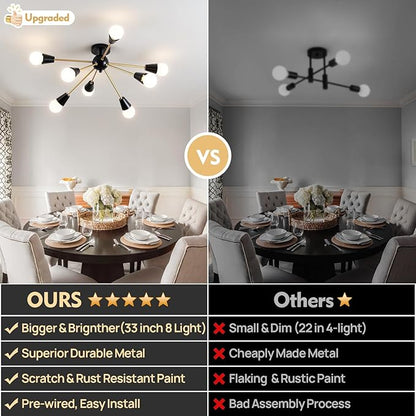 Modern Sputnik Chandelier - 8-Lights Farmhouse Ceiling Lights Fixture Black and Gold Semi Flush Mount Ceiling Light for Living Room Bedroom Hallway Entryway