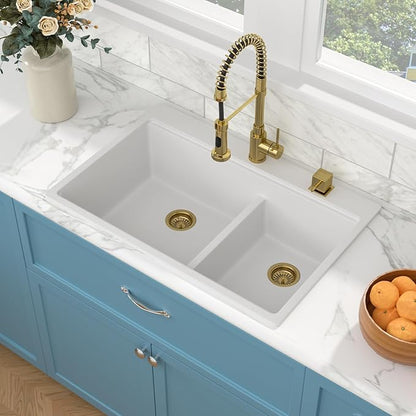 Sarlai 33 Granite Composite Kitchen Sink Double Bowl - 33"x22" White Granite Kitchen Sink Drop In Ledge Workstation Double Bowl 60/40 Low Divided Quartz Composite Above Counter with Gold Accessories