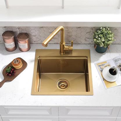 21x20 Inch Drop In Bar Sink - 16 Gauge Gold Stainless Steel Small Kitchen Sink, 10" Deep Single Bowl Workstation Sinks with Accessories for RV, Outdoor Kitchen & Wet Bar
