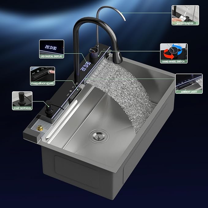 30 Inch Waterfall Kitchen Sink - Beslend 30x19 Drop In Waterfall Sink Workstation Smart Sinks 16 Gauge Stainless Steel Single Bowl Basin with Faucet Combo