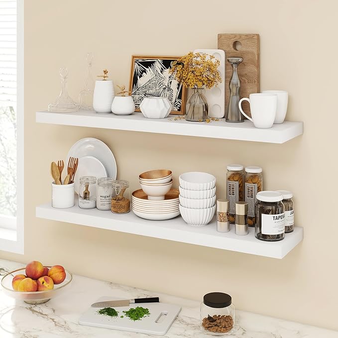 Acovy 40 Inch Floating Shelves, 9.3" Deep Floating Shelf Wall Mounted, 40" Wall Shelves, Rustic Deep Bookshelf, Large Display Shelves & Storage Shelves for Bedroom, Living Room, White, Set of 2