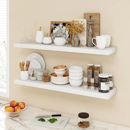 Acovy 40 Inch Floating Shelves, 9.3" Deep Floating Shelf Wall Mounted, 40" Wall Shelves, Rustic Deep Bookshelf, Large Display Shelves & Storage Shelves for Bedroom, Living Room, White, Set of 2