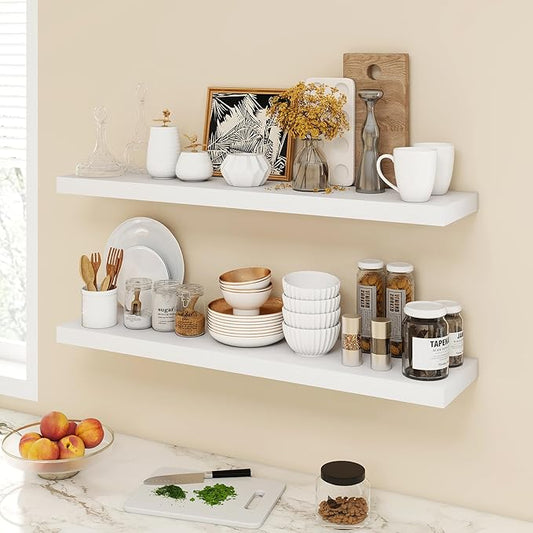 Acovy 40 Inch Floating Shelves, 9.3" Deep Floating Shelf Wall Mounted, 40" Wall Shelves, Rustic Deep Bookshelf, Large Display Shelves & Storage Shelves for Bedroom, Living Room, White, Set of 2