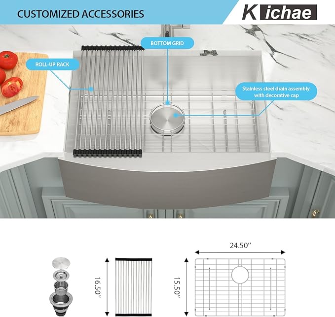 Kichae Stainless Steel Farmhouse Apron Front Single Bowl Kitchen Sink - 27 Inch, 16 Gauge, Round Corner Basin