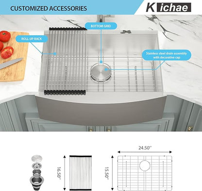 Kichae Stainless Steel Farmhouse Apron Front Single Bowl Kitchen Sink - 27 Inch, 16 Gauge, Round Corner Basin