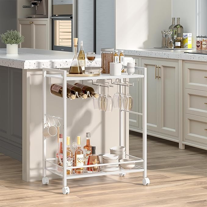 Joaxswe Bar Cart, Home Bar Serving Cart with 2-Tier Shelf,Rolling Beverage Cart with Wheels,Mobile Kitchen Shelf,Modern Wine Drink Cart with Wine Rack and Glass Holder for Kitchen,Dinning Room,White