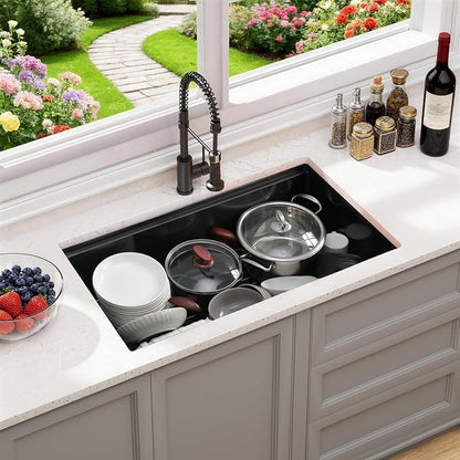 32" Black Stainless Steel Workstation Kitchen Sink, Large Single Bowl Drop-In Undermount Farmhouse Sink (Black, 3219)