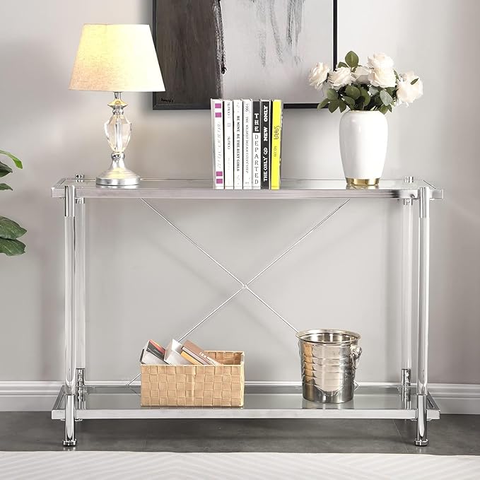 Silver Console Table with Chrome Metal Frame, 2-Tier Rectangular Clear Glass Acrylic Console Table with Storage Shelf, Narrow Hallway Tables Modern Entryway Tables for Living Room