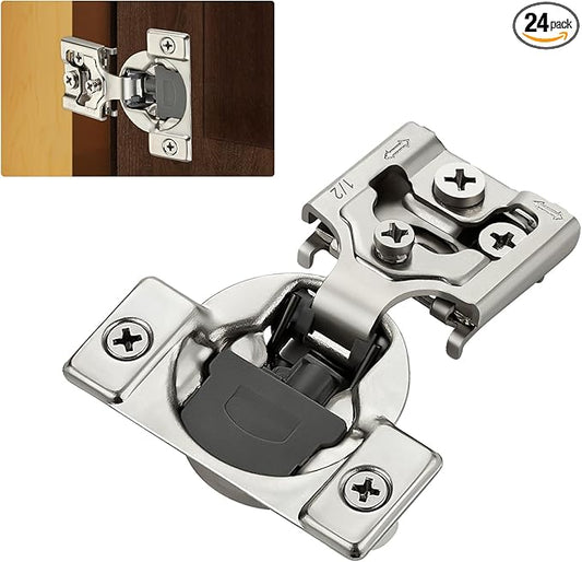 Home Expert 24 Pack (12 Pairs) 1/2" Overlay Soft Close Cabinet Hinges, Satin Nickel Stainless Steel Concealed Hinges with 3D Self-Closing for Face Frame Doors & Kitchens
