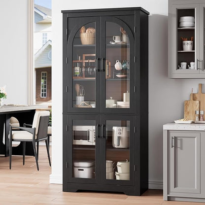 Garvee 70" Tall Kitchen Pantry Cabinet - Modern Display Cabinet with 4 Arched Glass Doors and Adjustable Shelves, Versatile Cupboard Organizers for Kitchen, Dining Room, Living Room, Bathroom, Black