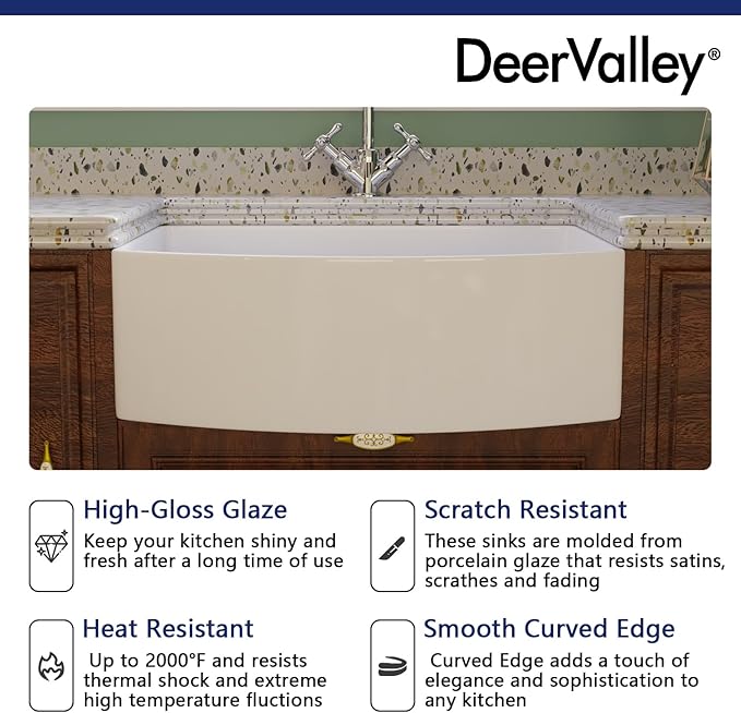 DeerValley Fireclay Farmhouse Kitchen Sink 30 Inch, White Single Bowl Farm Sink, Grove Arch Edge Curved Apron Front Farm Sinks with Bottom Grid & Strainer