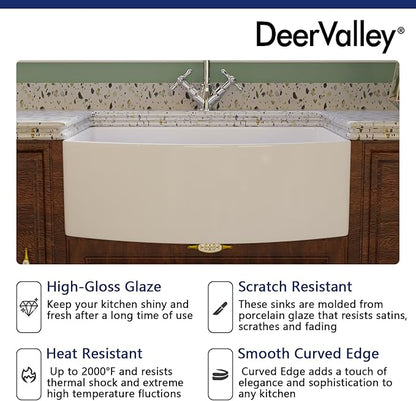 DeerValley Fireclay Farmhouse Kitchen Sink 30 Inch, White Single Bowl Farm Sink, Grove Arch Edge Curved Apron Front Farm Sinks with Bottom Grid & Strainer