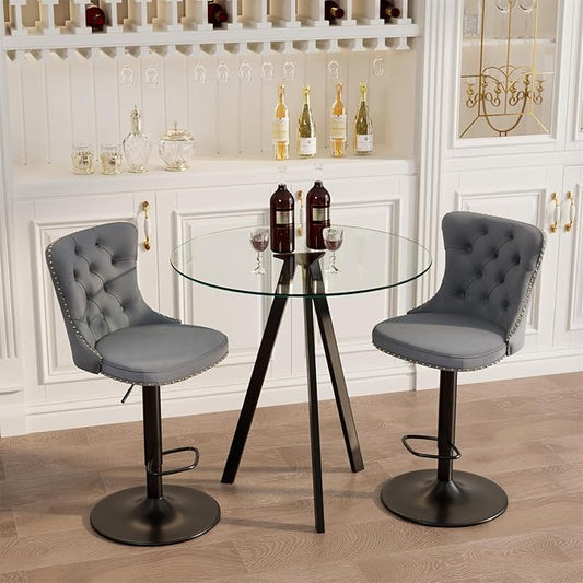 yeag 31.5'' Modern Round Glass Bar Table Set for 2, Luxury Black Bistro Pub Table & 2 Adjustable Metal Bar Stools Velvet Swivel Counter Height Stools (Black Metal Legs, Clear Top + Grey Chair)
