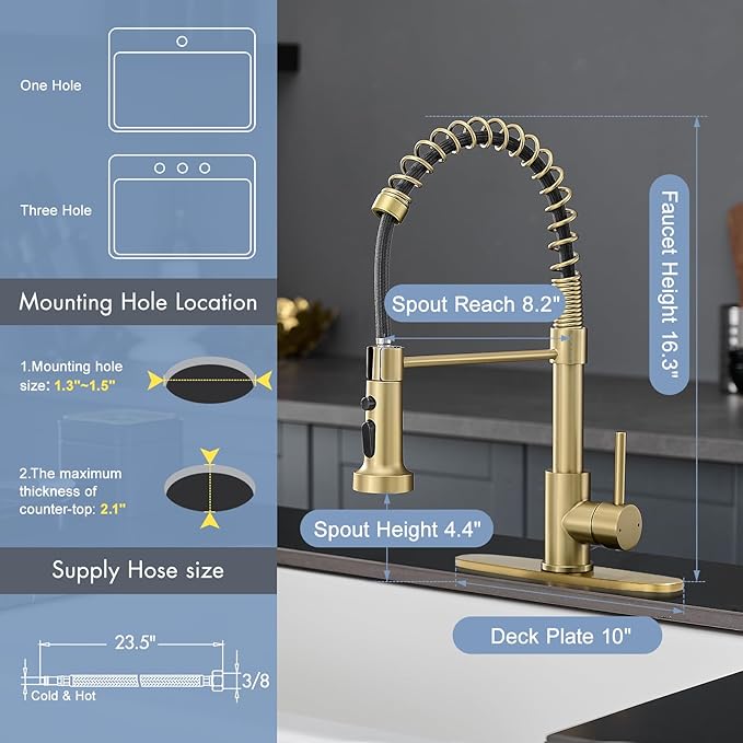 AIMADI Gold Kitchen Faucet with Pull Down Sprayer,Commercial Single Handle Brushed Gold Kitchen Sink Faucet with Deck Plate