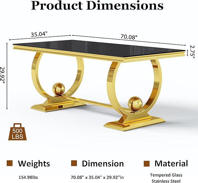 70'' Modern Black Tempered Glass Dining Table for 6, Rectangular Luxury Kitchen Table with Gold Polished Stainless Steel U-Shaped Pedestal Base, Features Bead Detailing, for Dining Room, Table Only