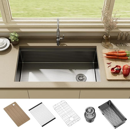 33 Inch Black Stainless Steel Undermount Single Bowl Sinks,33x19x9 Inch Deep Sink, 16 Gauge Workstation Kitchen Sinks, Modern Undermount Kitchen Sink with Ledge and Accessories