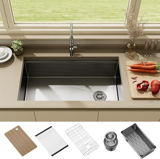 33 Inch Black Stainless Steel Undermount Single Bowl Sinks,33x19x9 Inch Deep Sink, 16 Gauge Workstation Kitchen Sinks, Modern Undermount Kitchen Sink with Ledge and Accessories