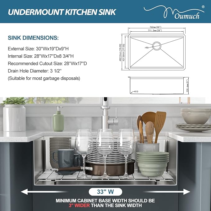 Undermount Kitchen Sink - 30 Inch Undermount Workstation Sink 16 Gauge Stainless Steel Kitchen sinks Handmade Round Corners Single Bowl 30''x19''x9''